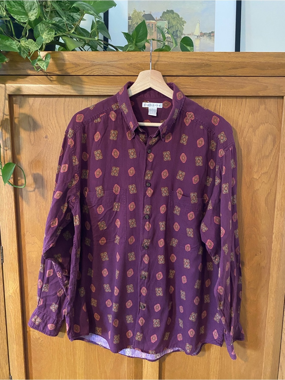 Vintage Claiborne Purple Patterned Men's Button-Down Shirt